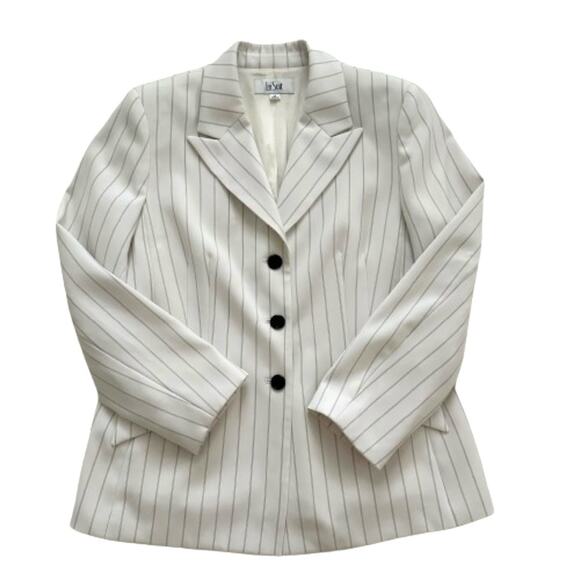 Le Suit Ivory Black Pinstriped Long Sleeve Flap Pockets Blazer Jacket Size 14 - Picture 9 of 12